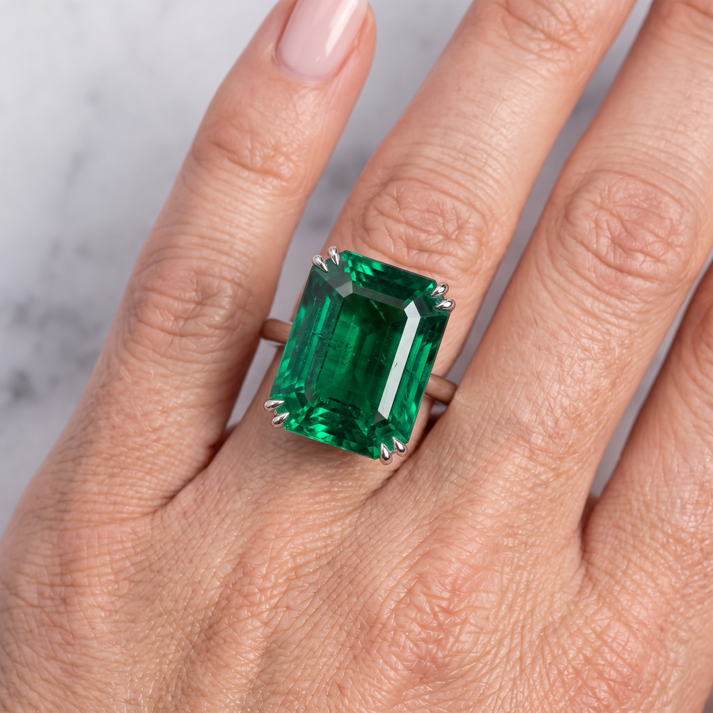 C. DUNAIGRE Certified 6.21 Carat Vivid green Octagonal/mixed cut Emerald Ring