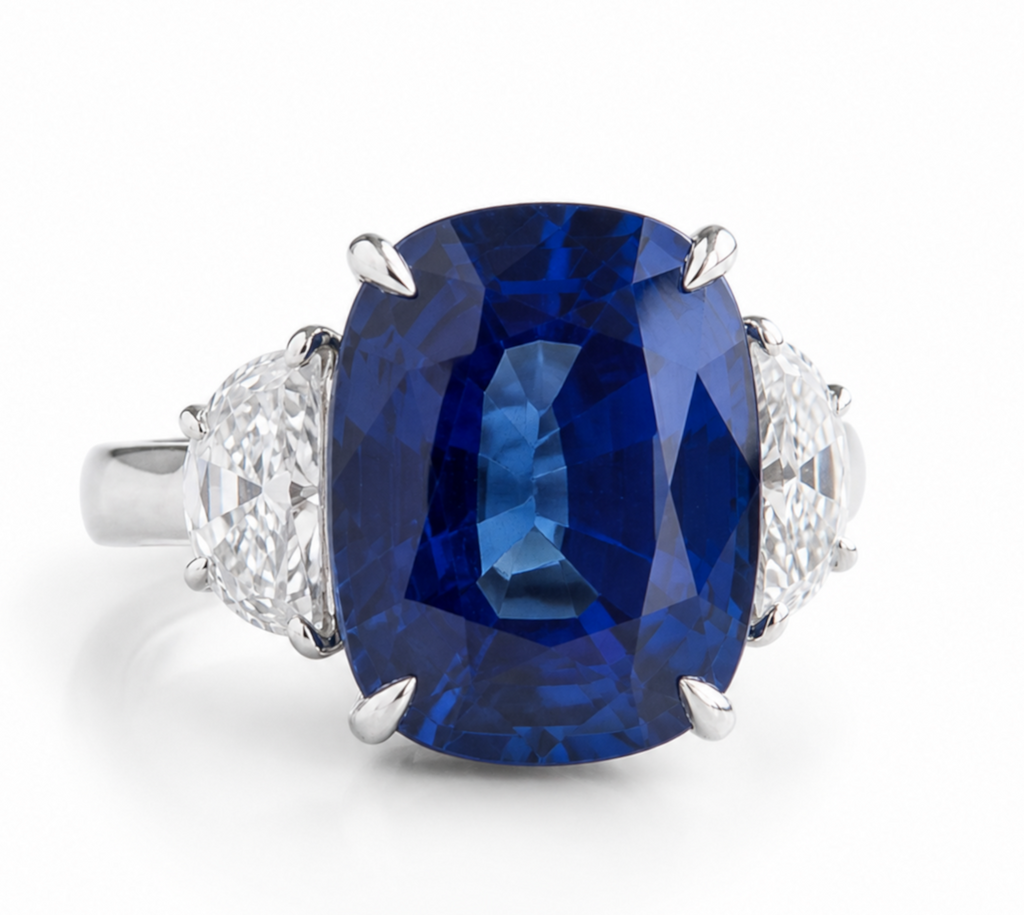 C. DUNAIGRE Certified 4.12 Carat Blue Cushion-shape/mixed cut Sapphire Ring